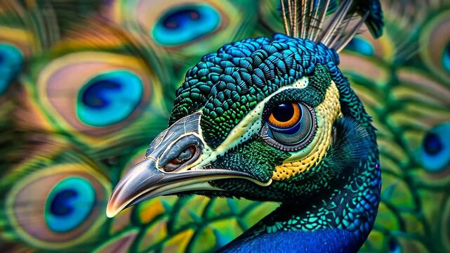 The peacock showcases its iridescent feathers, highlighting vibrant blues and greens while perched among rich greenery in warm afternoon sunlight.