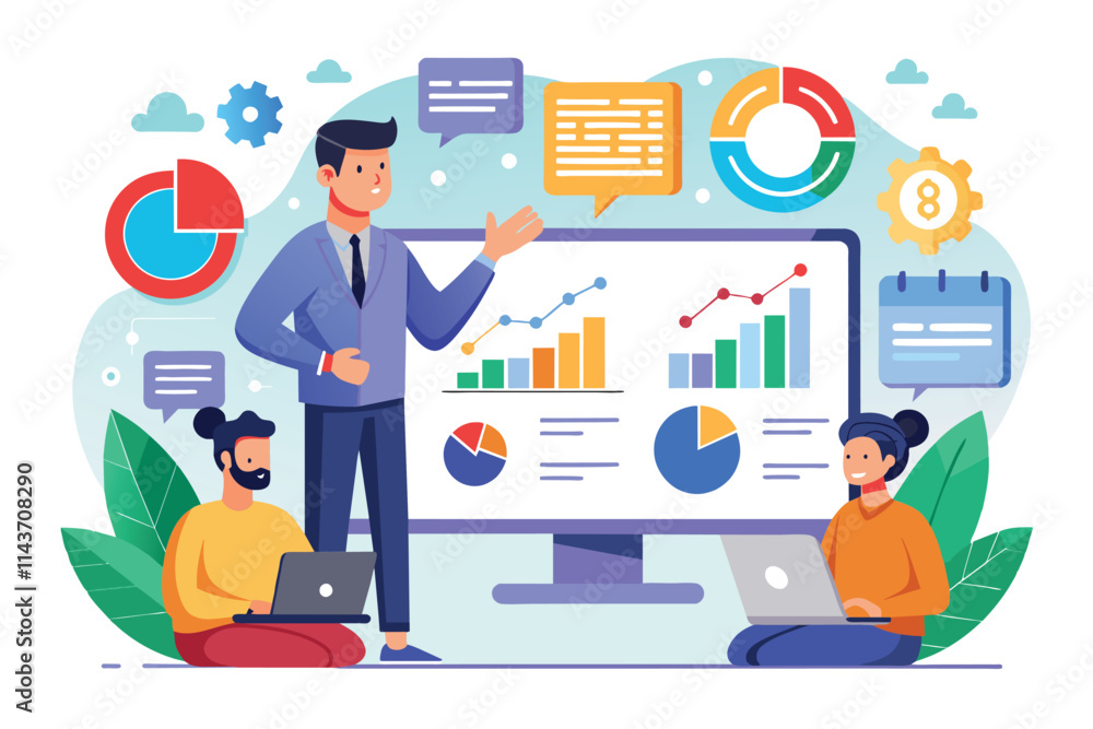 Poster a professional hosts a webinar on business data analysis using engaging flat illustrations and chart