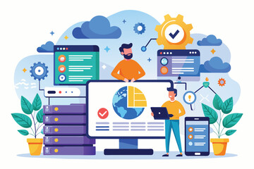 Illustration showcases web hosting with secure SQL and various tech elements, emphasizing data management and security Web hosting with secure SQL and flat illustrations.