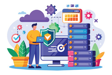 This illustration showcases a person managing secure SQL web hosting while surrounded by technology elements Web hosting with secure SQL and flat illustrations.