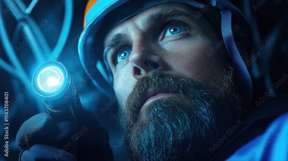 Poster determined worker shines a flashlight into a dark area while inspecting tunnels at an industrial sit