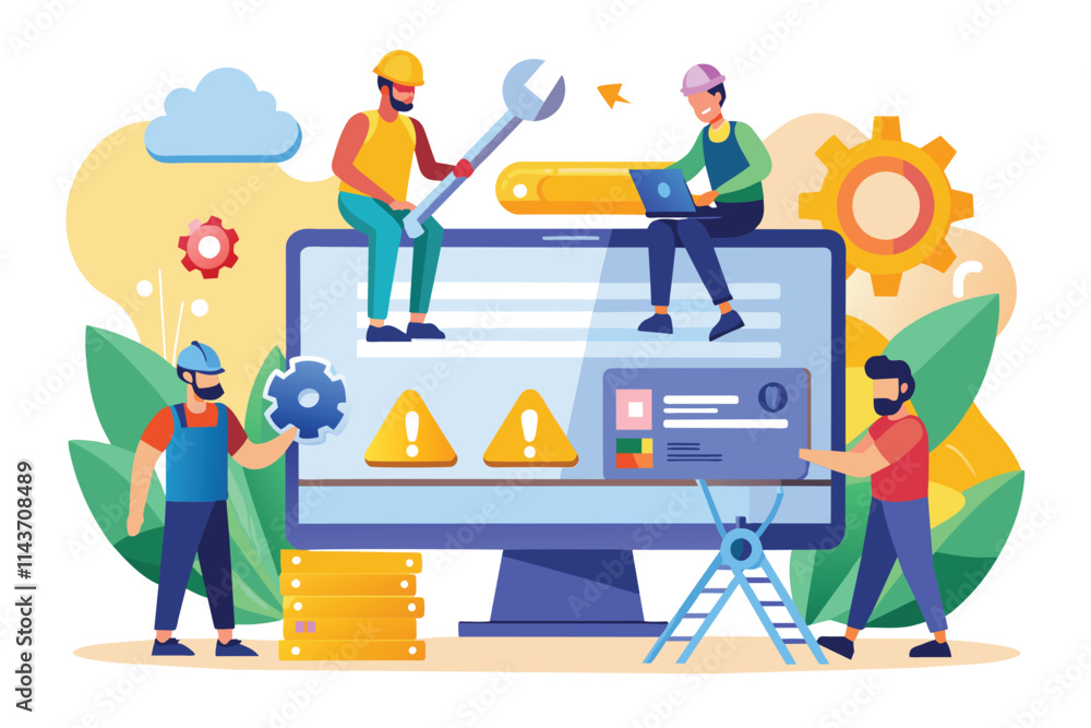 Poster two workers fix a website on a large screen while others use tools and gear to assist with repairs w
