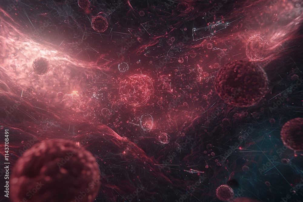 Poster a vibrant, abstract representation of a cosmic landscape featuring floating cells or particles in sh
