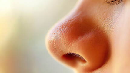 Close up of red irritated nose, emphasizing the discomfort and struggle of allergies or cold symptoms, highlighting the human vulnerability and resilience in the face of common ailments.