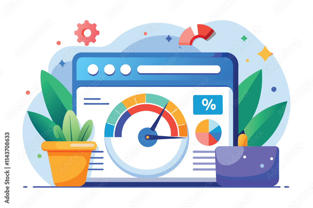 Poster a colorful illustration showcases a website speed test dashboard with various performance metrics di
