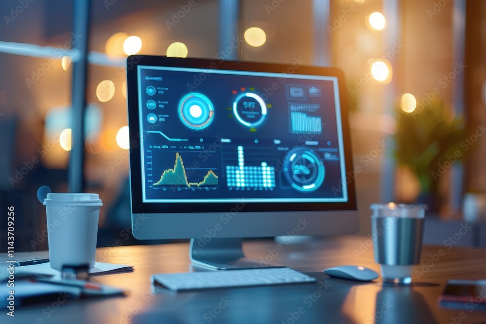 Poster a modern computer monitor displays vibrant analytics and graphs, indicating data trends in a cozy, i