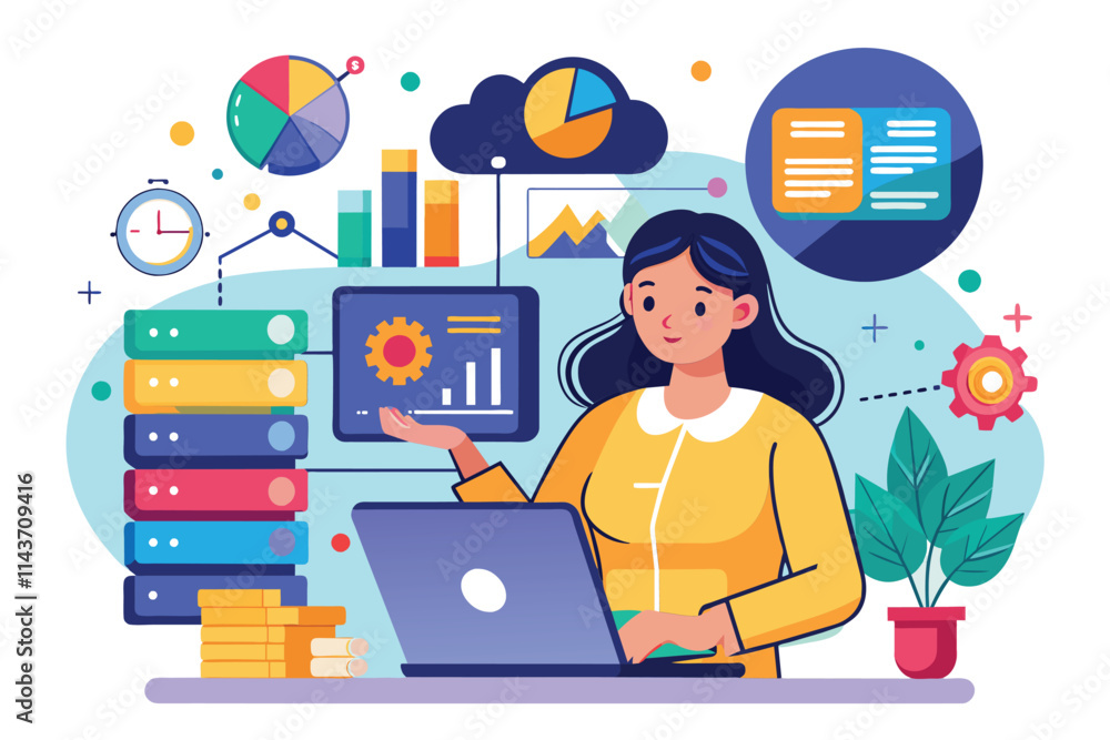 Aufkleber a woman sits at a laptop, analyzing charts and data storage while surrounded by colorful graphics wo