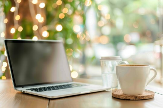 A cozy workspace featuring a laptop, a cup of coffee, and a jar of water surrounded by soft, ambient lighting and greenery.