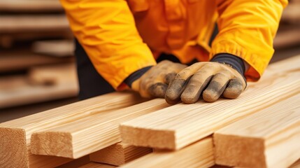 dedicated craftsman is carefully handling wooden planks in a workshop, showcasing skills and precision