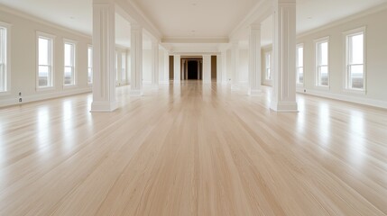 Obraz premium Light floods into this expansive interior space, featuring polished hardwood floors and tall columns that create an airy, open atmosphere, perfect for gatherings or creative activities
