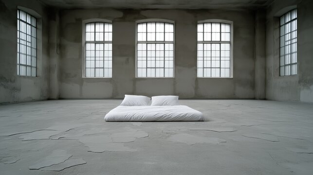 spacious industrial room features a simple bed placed in the center on a cracked concrete floor. Large windows allow natural light to illuminate the minimalist space