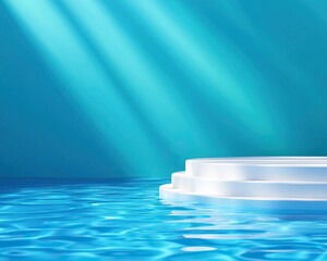 A serene, illuminated scene featuring white steps emerging from tranquil blue water under soft rays of light.