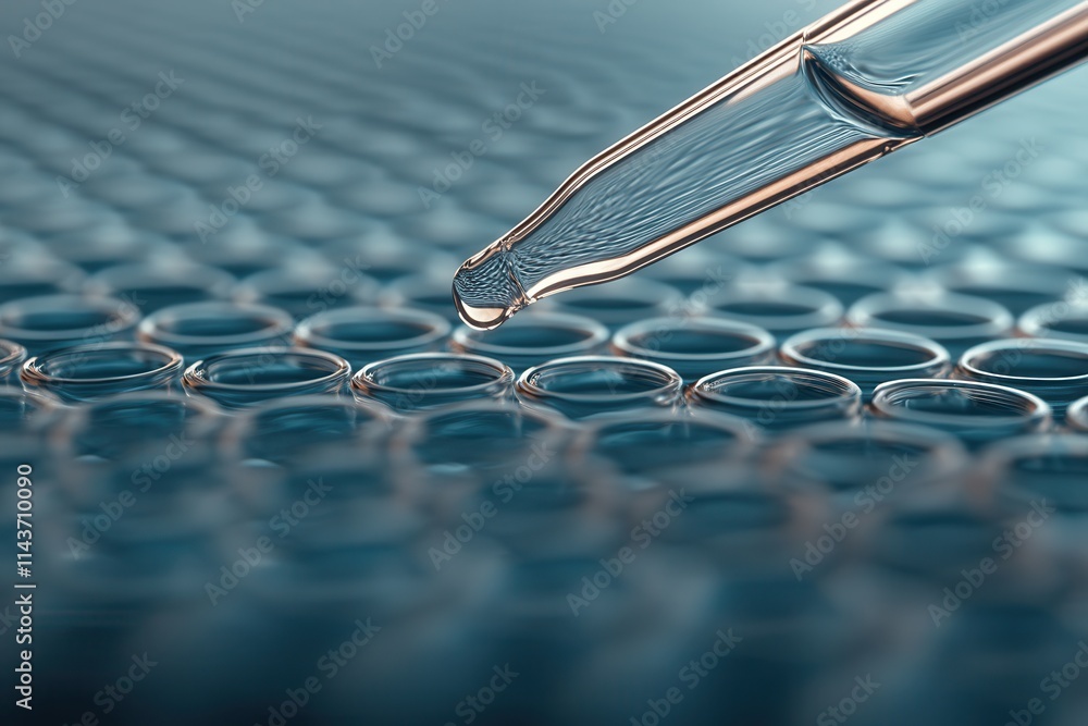 Poster a close-up of a pipette dropping liquid onto a tray of small wells, illustrating laboratory techniqu