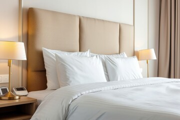 A cozy, well-decorated bedroom featuring a plush headboard, soft bedding, and bedside lamps, creating a warm and inviting atmosphere.