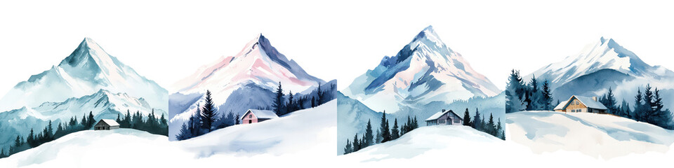 Stunning panoramic view of majestic snow capped mountains with a cozy wooden cabin nestled in the pristine winter wonderland landscape  Peaceful and serene alpine scenery in the remote wilderness