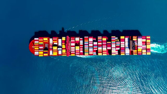 Aerial top view large fully loaded container ship sailing through bule sea.
