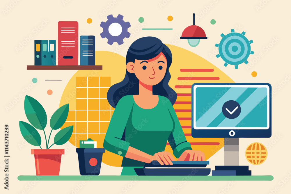 Poster a woman is focused on fixing a computer while seated at her desk in a bright workspace woman fixing 