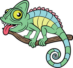A Colorful Cartoon chameleon on branch curled  vector art illustration