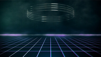 Retro wave style 80s-90s futuristic grid wireframe backdrop cyberpunk. Digital landscape neon retro party laser pattern background. Dark tone
