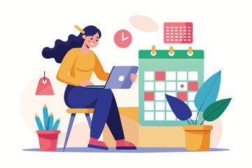 A woman sits on a chair, using her laptop to schedule meetings on a calendar in a cozy workspace Woman marking calendar for meetings, flat illustration.