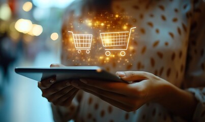 Fototapeta na wymiar A person using a tablet with shopping cart icons glowing above.