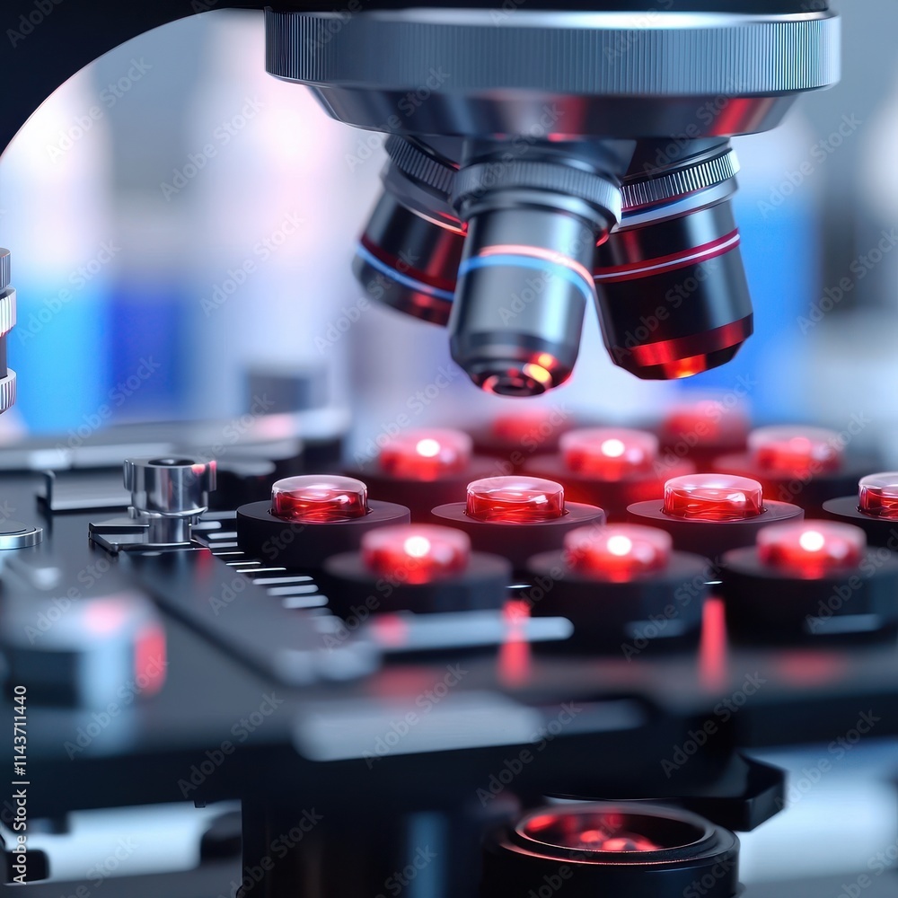 Poster supplement protection formula concept. microscope with illuminated samples in a laboratory setting.