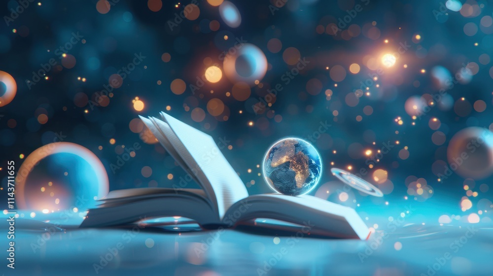 Aufkleber a glowing open book with a globe floating above it, surrounded by shimmering particles, evokes a sen