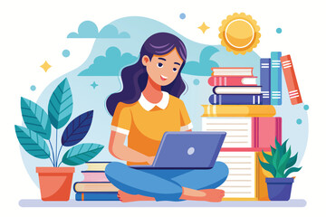 Fototapeta premium A woman reads an online book on her laptop, surrounded by stacks of books and plants in a cozy setting Woman reading online book on laptop for online education, flat illustration.