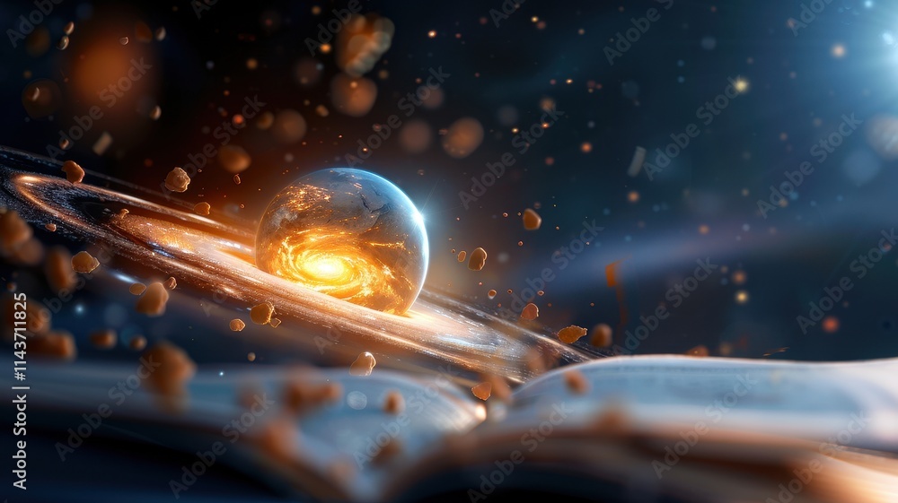 Aufkleber an open book reveals a glowing planet surrounded by cosmic elements, symbolizing the connection betw
