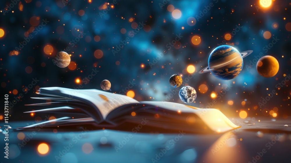 Aufkleber an open book floats in space, surrounded by planets and glowing particles, symbolizing knowledge and