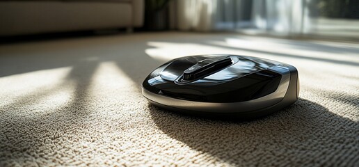 A robotic vacuum cleaner rests on a carpet, showcasing modern home cleaning technology.