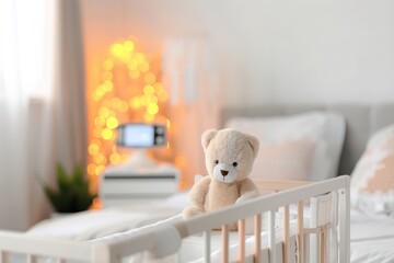 A cozy nursery scene featuring a teddy bear in a crib, with soft lighting and a peaceful ambiance.