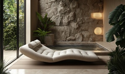 A serene indoor space featuring a lounge chair and a small water feature.