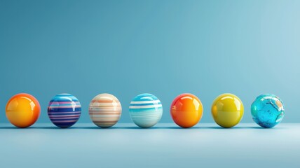 Colorful spherical objects resembling planets arranged in a line, set against a light blue background.