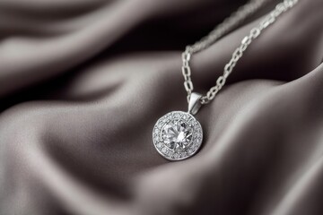 A close-up angled view of a solitaire diamond necklace with a halo setting