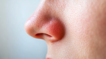 Obraz premium Close up of red irritated nose, emphasizing the discomfort and struggle of allergies or cold symptoms, highlighting the human vulnerability and resilience in the face of common ailments.