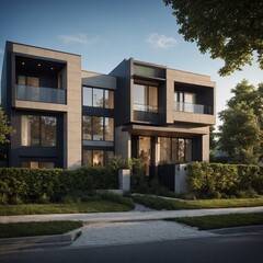 A modern townhouse in an urban setting with clear weather.