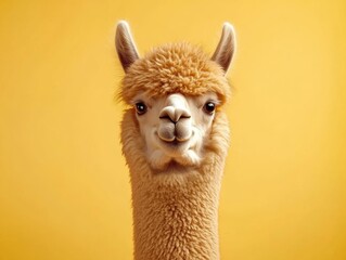 Obraz premium Fluffy alpaca portrait against a yellow background. AI.