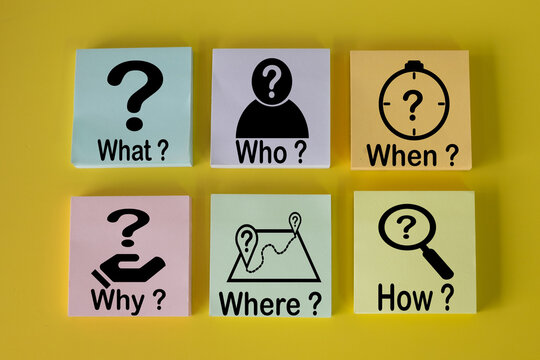 5W1H (Who, What, When, Where, Why, How) words and icon on sticky note idea for Critical Thinking, Business Planning, Research Methods, Effective Solutions,Problem Solving.