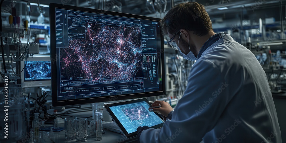 Poster A scientist analyzes complex data on screens in a high-tech lab, showcasing advanced technology and research.