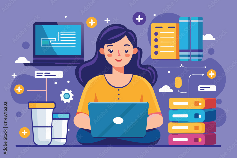 Poster a woman sits cross-legged using a laptop to backup large amounts of data surrounded by tech resource