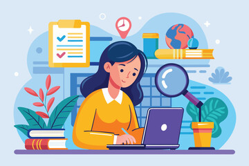 A woman is actively researching information on her laptop in a warm, inviting study filled with books and plants Woman using laptop to search for information online, flat illustration.