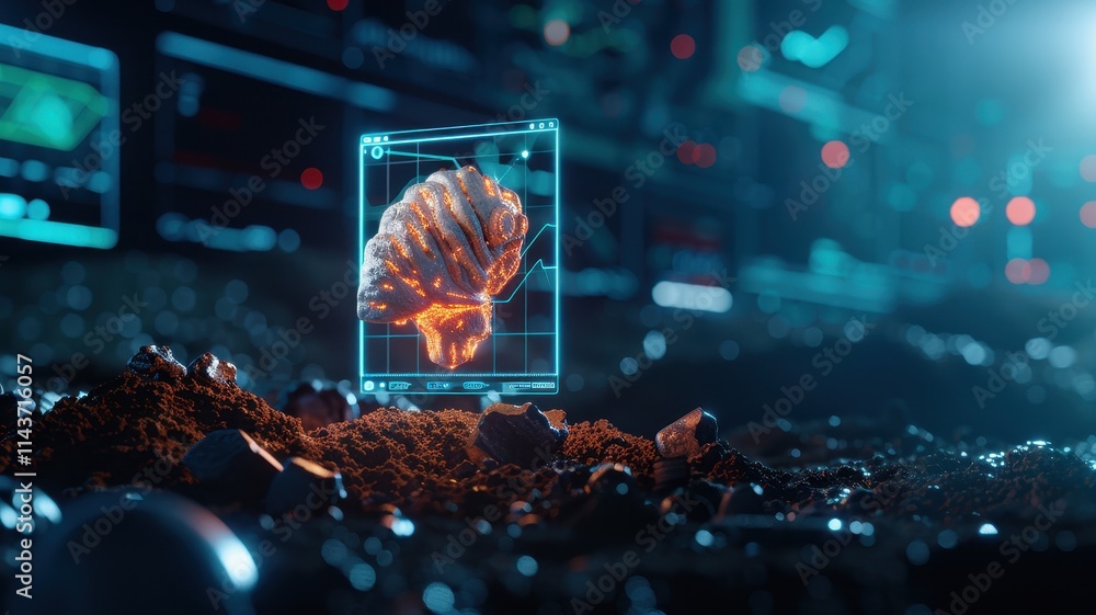 Aufkleber a futuristic digital representation of a brain displayed above the soil, surrounded by a high-tech e