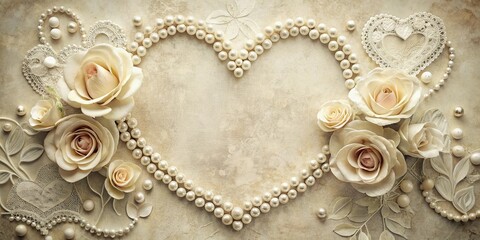 Obraz premium Elegant Pearl Heart with Cream Roses and Lace