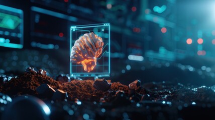A futuristic digital representation of a brain displayed above the soil, surrounded by a high-tech environment.