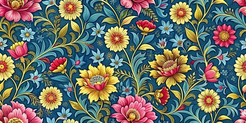 Vibrant Floral Design Featuring Yellow and Pink Blossoms on a Dark Teal Background