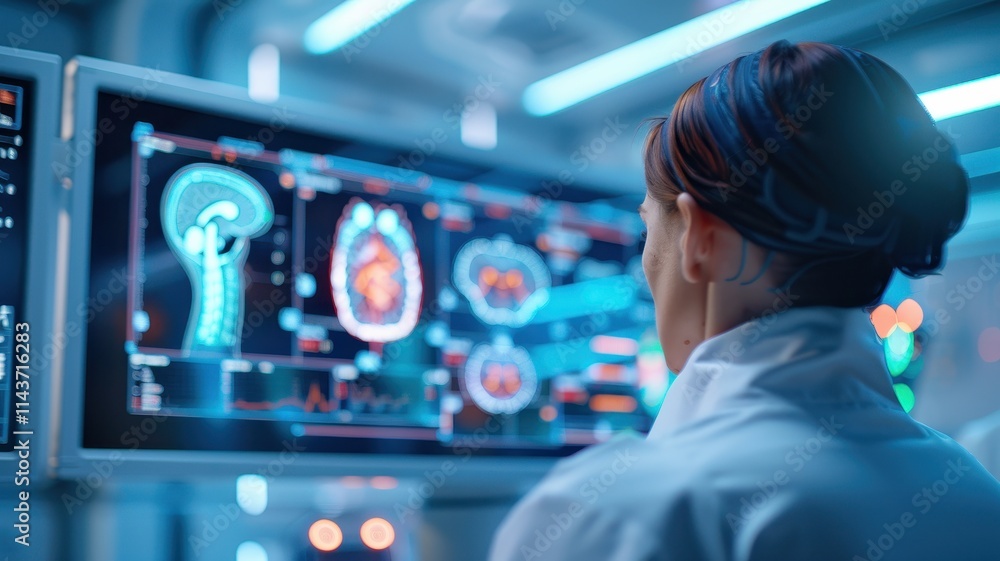 Aufkleber a scientist analyzes brain scans on advanced monitors in a high-tech lab.