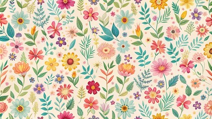 Vibrant Floral Pattern Design Featuring a Multitude of Blossoms and Lush Greenery