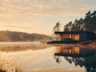 Obraz premium Serene Lakeside Cabin Sunrise Golden Hour Reflection