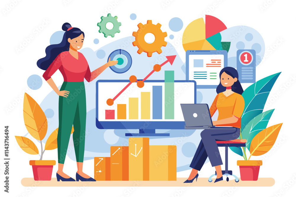 Poster two women discuss graphs and data charts while working on growth and earnings analysis in an office 